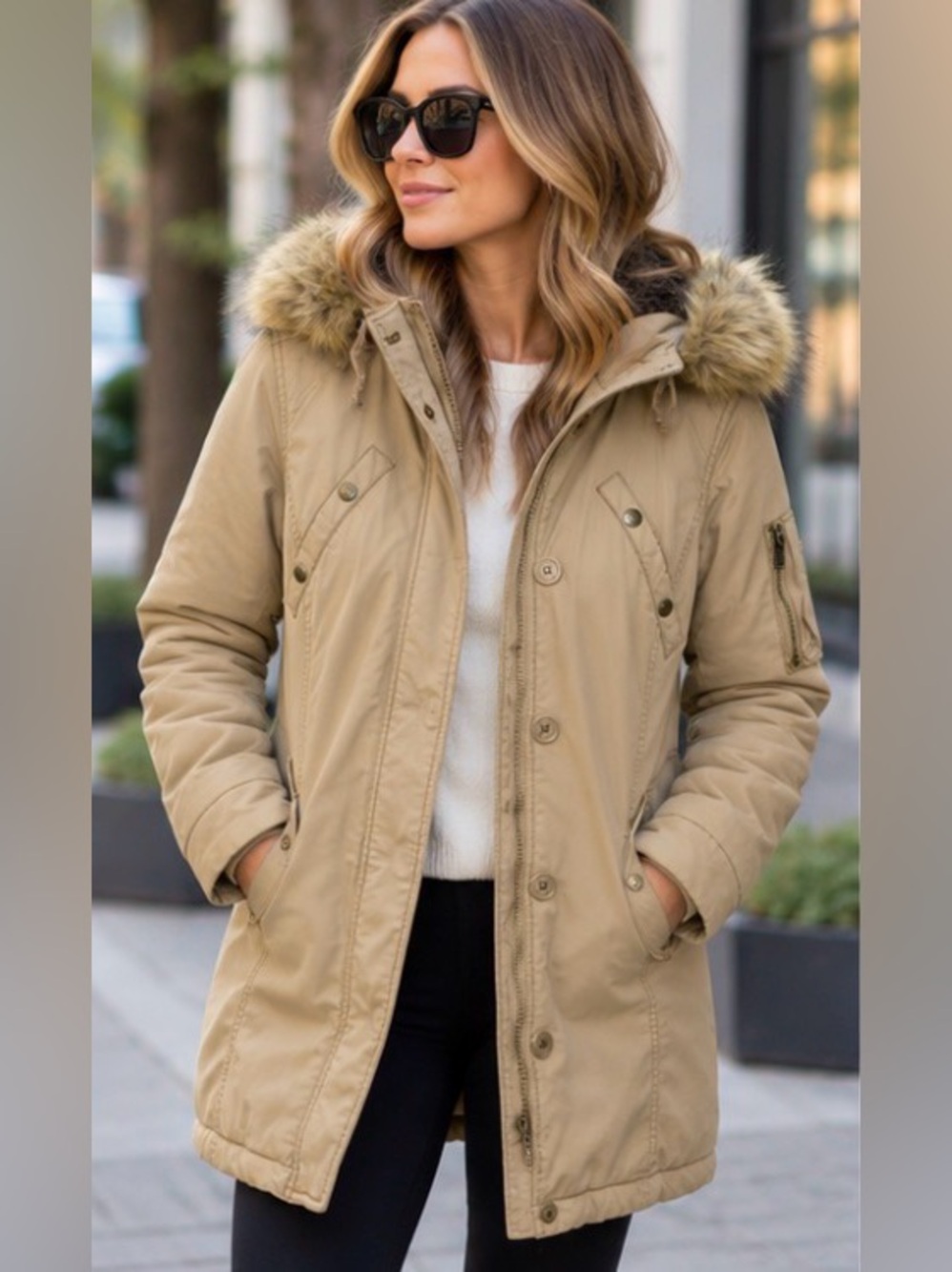 American Eagle Cotton Military Parka Faux Fur Hood Tan L